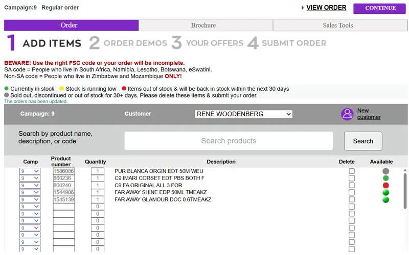 Avon representative website - add product codes