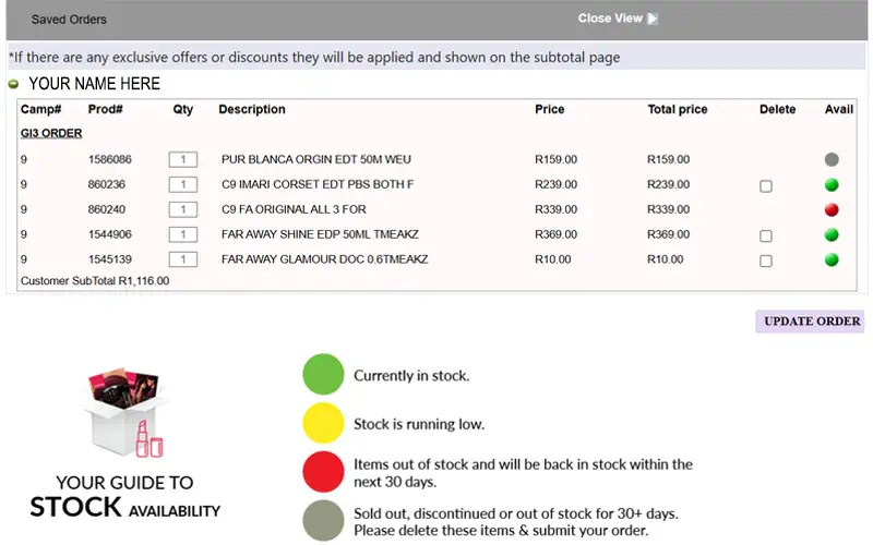 Avon representative website - review saved order